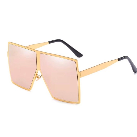Oversize Vintage Retro Shield Style SUN GLASSES XL Square Gold Frame Pink Lens - Picture 7 of 10